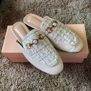 Faux Pearl Decor Tweed Flat Mules